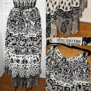 Vintage 1990s Drawstring BW Paisley Indie Hippie Bohemian Full Cotton Skirt M